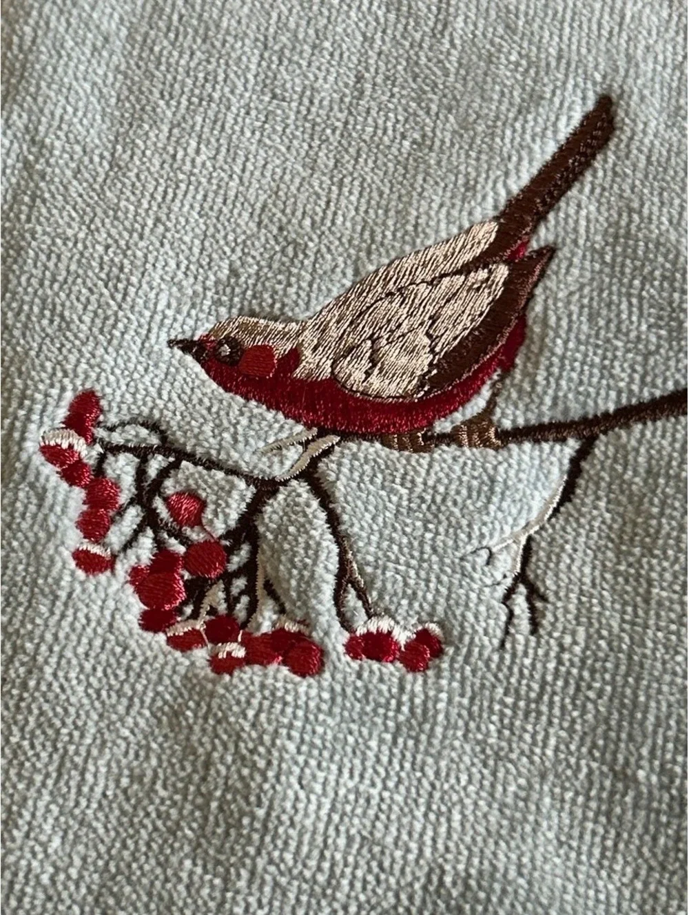 Set of Two Light Blue Kitchen Towels with Bird and Berry Embroidery